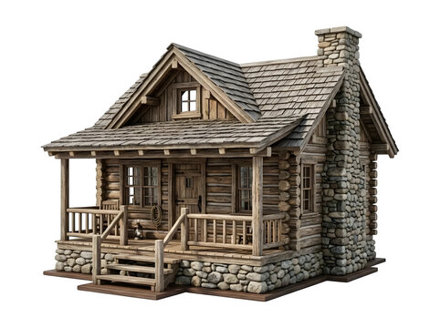 Rustic log cabin with stone chimney isolated on transparent background