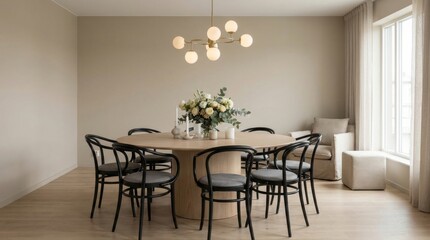 Fototapeta premium Elegant Dining Room with Round Table, Chairs, and Modern Chandelier.