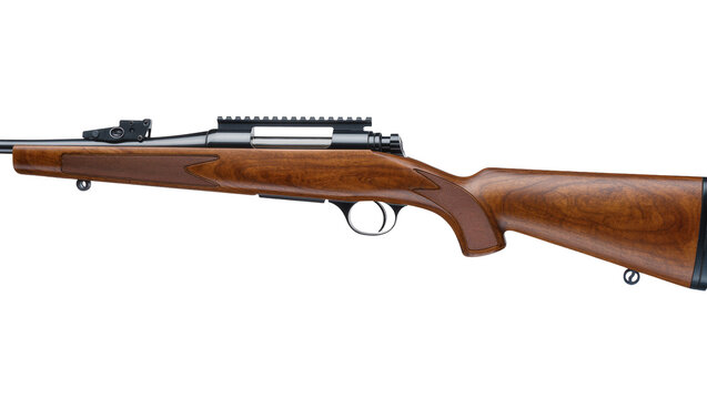 Isolated traditional bolt-action sporting rifle with sleek design and rich wood texture
