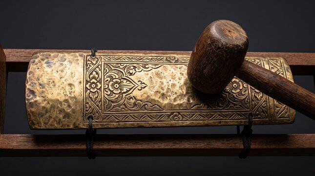 Ornate brass Gamelan percussion plate with intricate floral carvings and wooden mallet, used for playing traditional ethnic music.