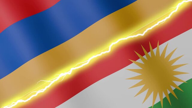 Two waving flags Armenia and Kurdistan with diagonal lightning seamless, 4k loop