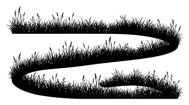CAD tree lines Black silhouette grass Black grass silhouette border, curved meadow lawn edge vector, wild field plant landscape elements, botanical garden grass fringe isolated on White