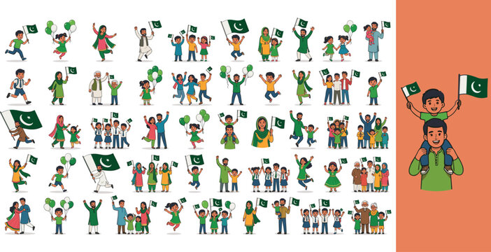 Celebrating Pakistan Independence Day with children and families. Festive scene of patriotic joy and cultural pride.