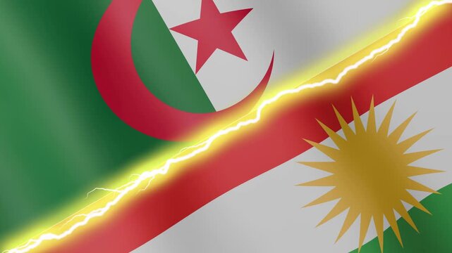 Two waving flags Algeria and Kurdistan with diagonal lightning seamless, 4k loop
