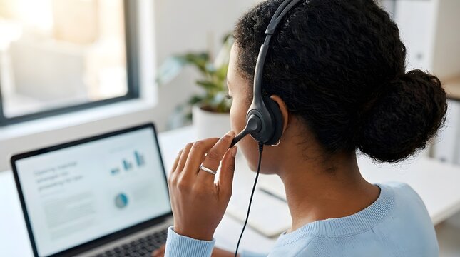 Professional customer support representative with headset, black woman working at laptop in bright office, call center agent providing remote service