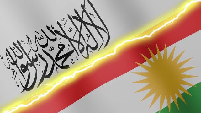 Two waving flags Afghanistan and Kurdistan with diagonal lightning seamless, 4k loop