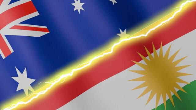 Two waving flags Australia and Kurdistan with diagonal lightning seamless, 4k loop