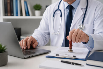 Doctor stamping medical document in office, confirming approval, healthcare certification, hospital...