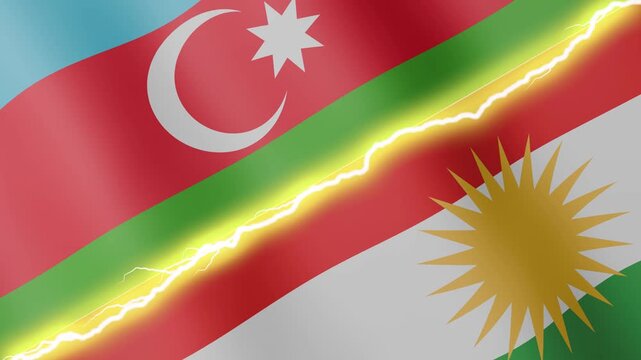 Two waving flags Azerbaijan and Kurdistan with diagonal lightning seamless, 4k loop