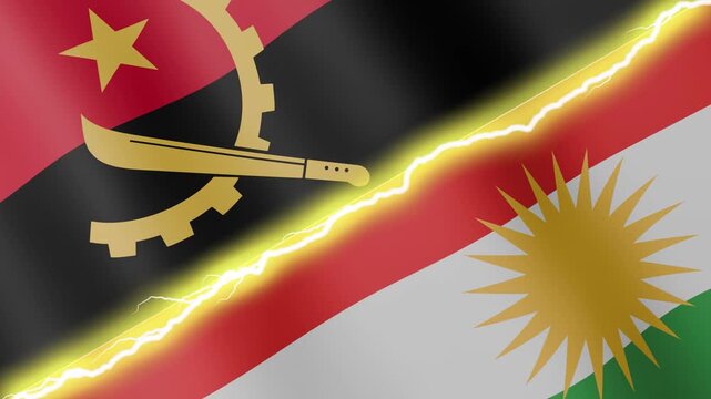 Two waving flags Angola and Kurdistan with diagonal lightning seamless, 4k loop