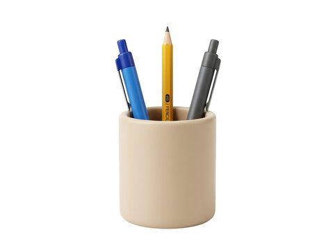 A beige pencil holder containing a blue pen, a yellow pencil, and a grey pen isolated on transparent background