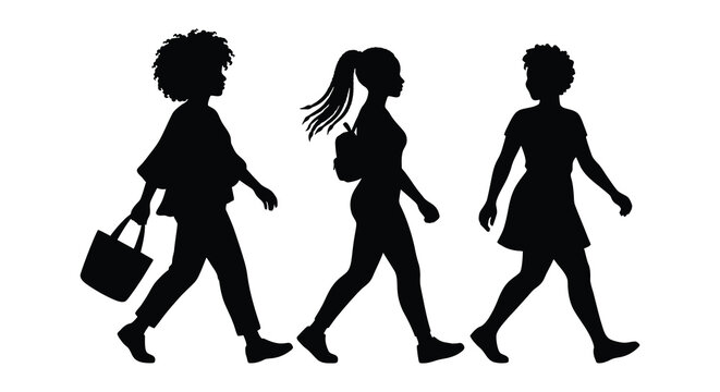 Three women walking in silhouette a black shape against a white background silhouette woman female females person people stride ambulation