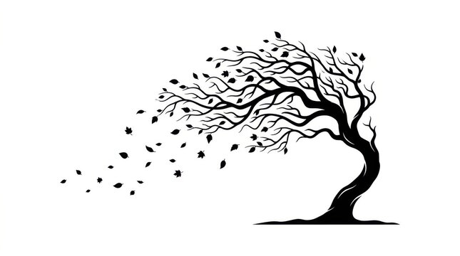 A black silhouette of a lonely tree bending in a strong wind with falling leaves isolated on a plain white background