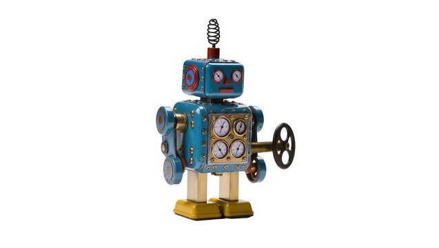 Isolated vintage-style blue metallic toy robot with gauges, intricate details, and a large wheel.