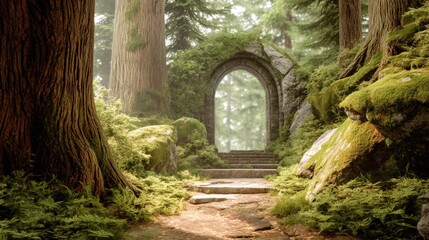 Obraz premium Stone archway covered in moss standing in a lush forest with a path leading through. Magical entrance to a fantasy world inside a woodland setting. Nature, mystery and ancient portal.