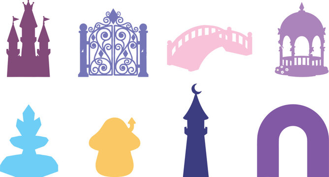 Colorful icons of fantasy architecture including castle, gate, bridge, gazebo, fountain, tower, archway, and mushroom house