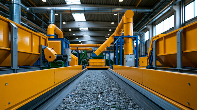 Equipment for processing plastic waste in a factory, industrial recycling machinery concept, with copy space