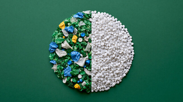 Before and after comparison showing raw plastic waste transformed into clean polymer pellets, circular economy concept, with copy space