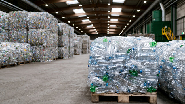 Vast industrial recycling plant showcasing large bales of sorted plastic bottles for processing, large-scale sustainability concept, with copy space