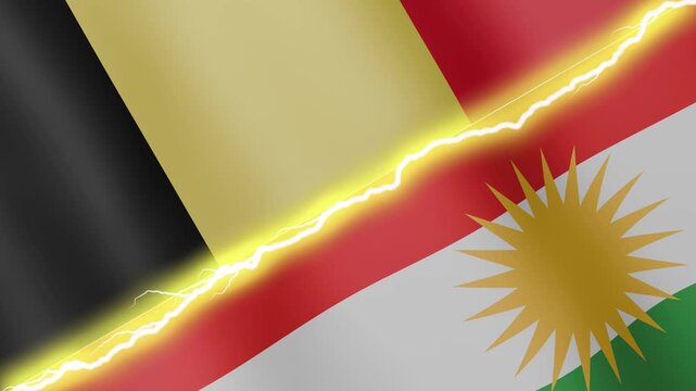Two waving flags Belgium and Kurdistan with diagonal lightning seamless, 4k loop