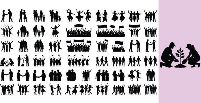 Silhouettes of people celebrating and socializing at events. Diverse groups enjoying festivities and community gatherings.