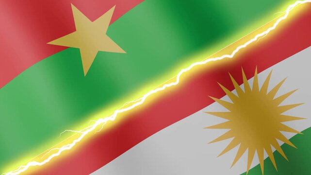 Two waving flags Burkina Faso and Kurdistan with diagonal lightning seamless, 4k loop