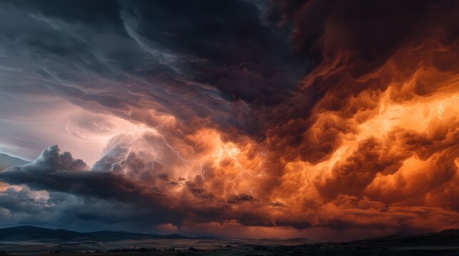 Severe thunderstorm with orange lightning in dark dramatic clouds. Supercell storm system over landscape. Extreme weather phenomenon, climate change, and natural disaster atmospheric power.