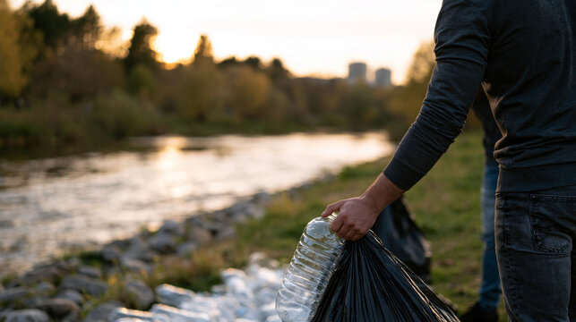 People volunteering by collecting plastic bottles into black bags at a park river at sunset, community eco action concept, with copy space