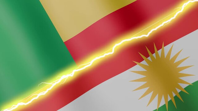 Two waving flags Benin and Kurdistan with diagonal lightning seamless, 4k loop