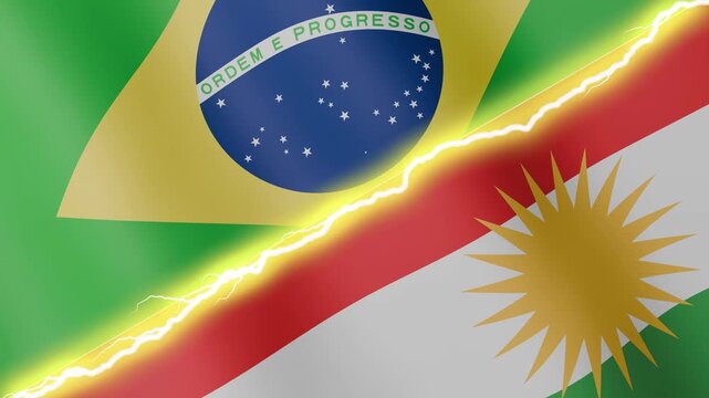 Two waving flags Brazil and Kurdistan with diagonal lightning seamless, 4k loop