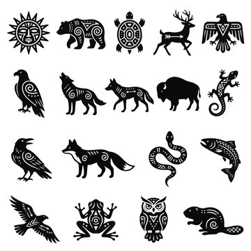 Indian Tribal Animal Symbols and Sun Graphic Asset Collection for Cultural Designs