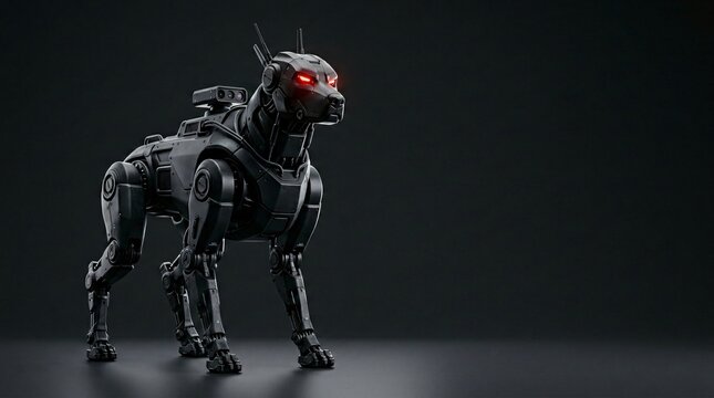 A menacing black robotic canine machine stands alert with glowing red optical sensors while patrolling a dark industrial environment utilizing advanced artificial intelligence for future