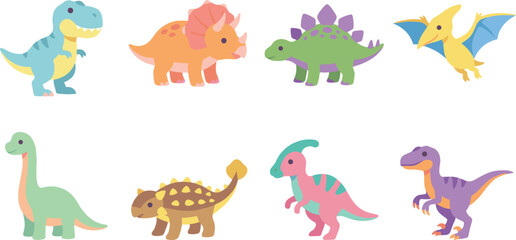 Colorful cartoon icons of dinosaurs including T‑rex, Triceratops, Stegosaurus, Pteranodon, Brachiosaurus, Ankylosaurus, Parasaurolophus, and Velociraptor © SAHARA