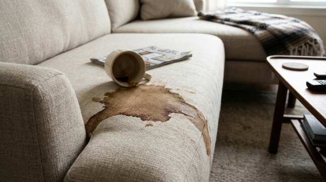 Spilled coffee cup creating a mess on a comfortable living room sofa