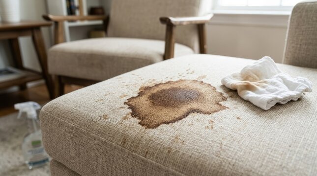 Accidental spill stains a comfortable fabric armchair, prompting cleaning efforts with a spray bottle and cloth.