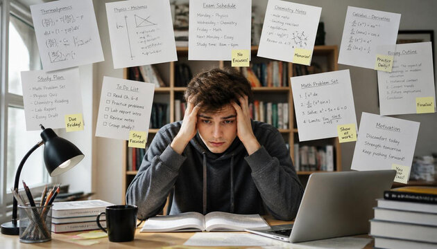 Tired student studying under academic pressure and exam stress, surrounded by floating notes representing information overload