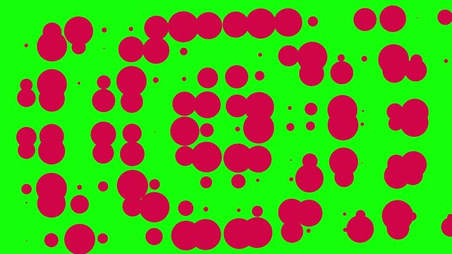 Numerous pink circles arranged in grid patterns appear across a vibrant neon green color field