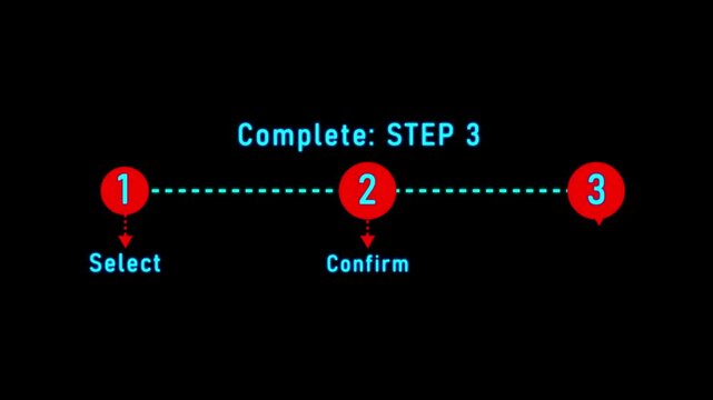 Glowing Step 3 Process Diagram with cyan Number Circles, Select Confirm Win Guide for E-Commerce Checkout, Gaming Goals and Business Milestones 4k Motion Graphics..