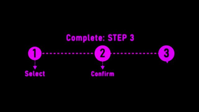 Glowing Step 3 Process Diagram with Purple Number Circles, Select Confirm Win Guide for E-Commerce Checkout, Gaming Goals and Business Milestones 4k Motion Graphics..