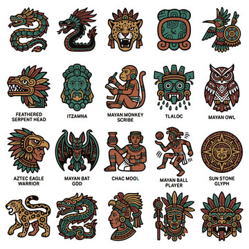Mayan and Aztec Ancient Indian Culture Gods and Symbols Vector Set