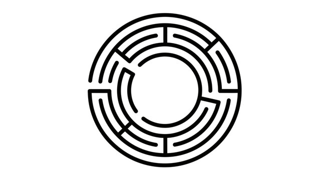 A black and white circular maze or labyrinth design with concentric rings and intricate pathways, symbolizing challenge and problem-solving.