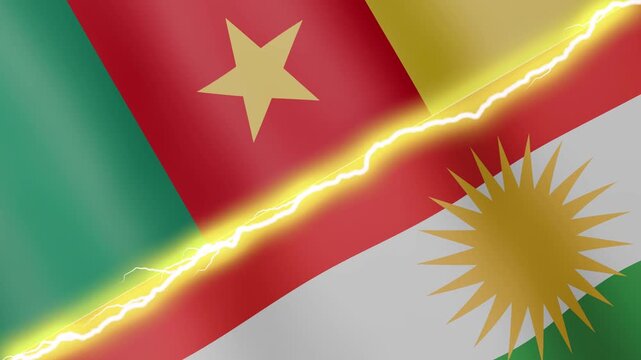 Two waving flags Cameroon and Kurdistan with diagonal lightning seamless, 4k loop