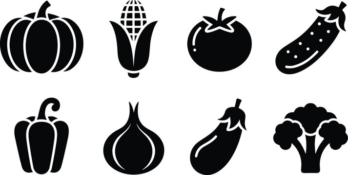 Black silhouette icons of assorted vegetables including pumpkin, corn, tomato, cucumber, and broccoli