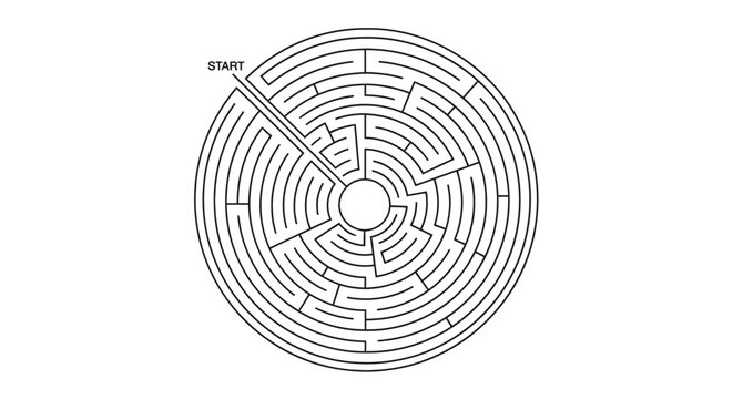 A black and white illustration of a complex circular maze puzzle with a clear 'START' entry point on the outer edge, leading towards the center.
