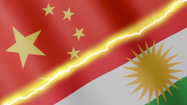 Two waving flags China and Kurdistan with diagonal lightning seamless, 4k loop