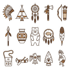 Native American Indian Culture Symbols Set in a Flat Vector Illustration © Clovernand