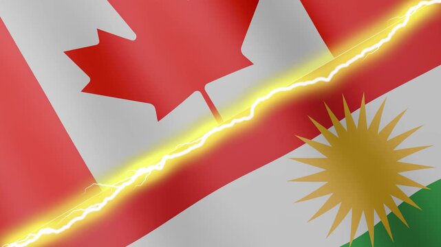 Two waving flags Canada and Kurdistan with diagonal lightning seamless, 4k loop