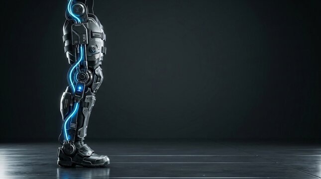 A mechanical exoskeleton leg structure features glowing blue energy conduits powered by advanced synthesis technology to enhance human physical performance during heavy lifting tasks