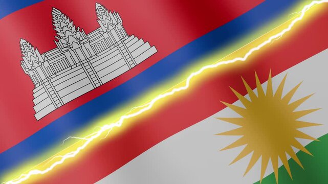 Two waving flags Cambodia and Kurdistan with diagonal lightning seamless, 4k loop