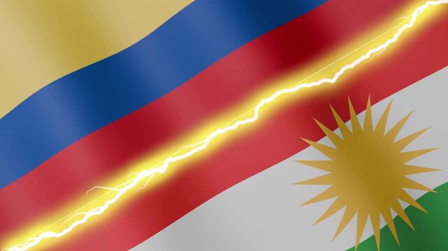 Two waving flags Colombia and Kurdistan with diagonal lightning seamless, 4k loop